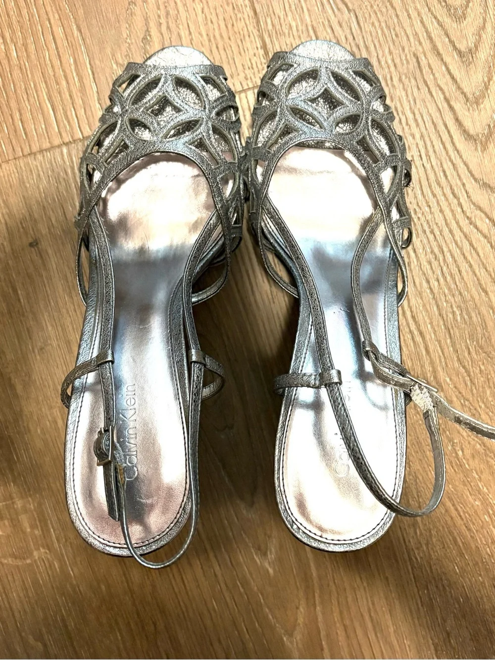 Calvin Klein Metallic Silver Cutout Sling Heels